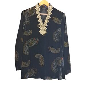 Maxine's Velvet Paisley Tunic Womens Large‎ Silk Sheer Gold Lace Vampire Gothic